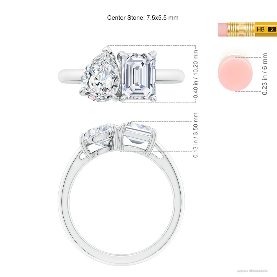 7.5x5.5mm FGVS Lab-Grown Emerald-Cut & Pear Diamond Two-Stone Engagement Ring in White Gold ruler