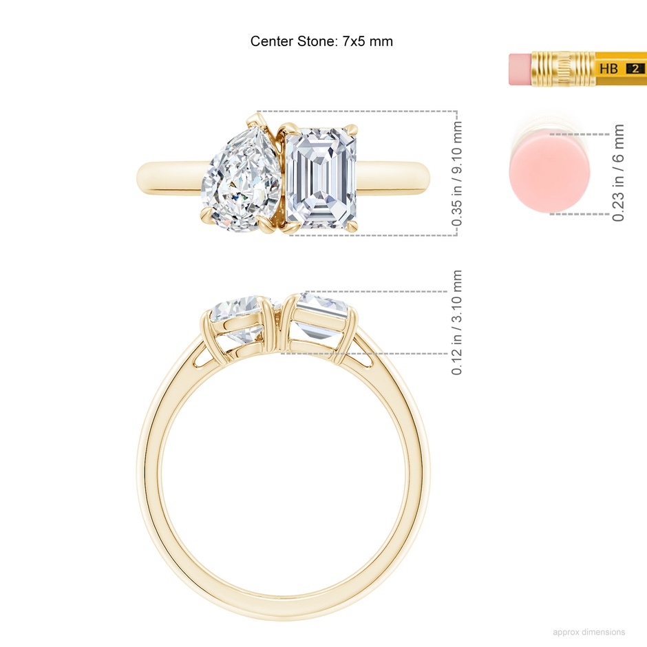 7x5mm FGVS Lab-Grown Emerald-Cut & Pear Diamond Two-Stone Engagement Ring in Yellow Gold ruler