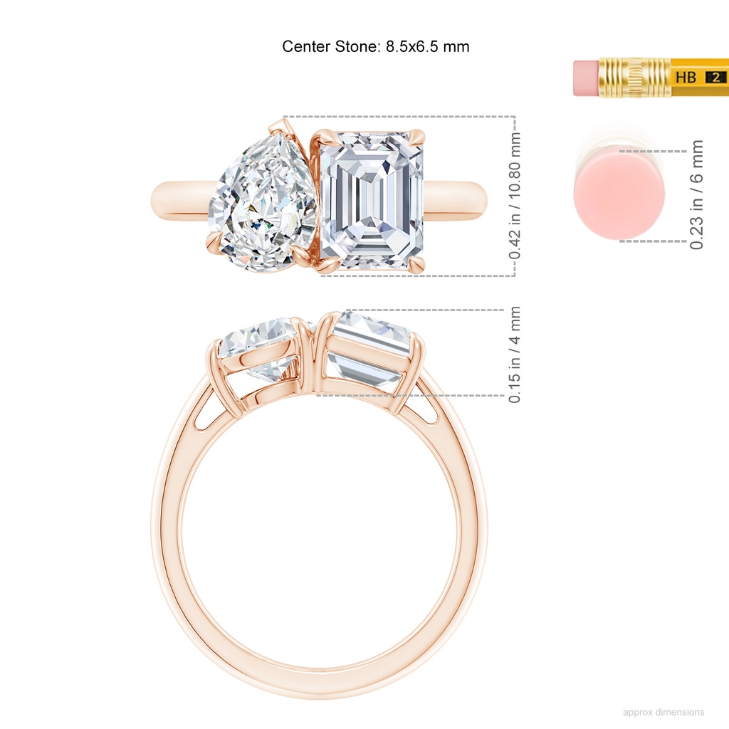 8.5x6.5mm FGVS Lab-Grown Emerald-Cut & Pear Diamond Two-Stone Engagement Ring in Rose Gold ruler