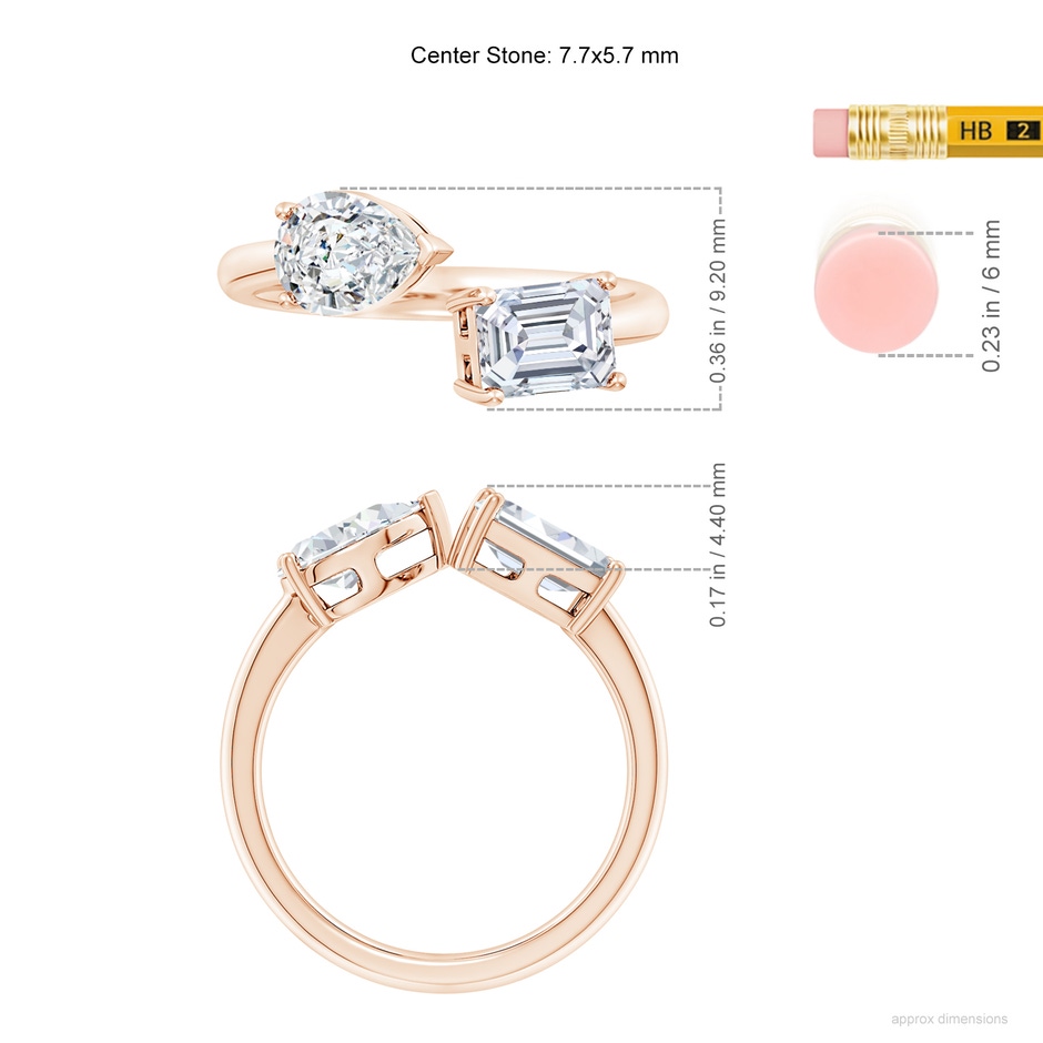 7.7x5.7mm FGVS Lab-Grown Pear & Emerald-Cut Diamond Two-Stone Open Ring in Rose Gold ruler