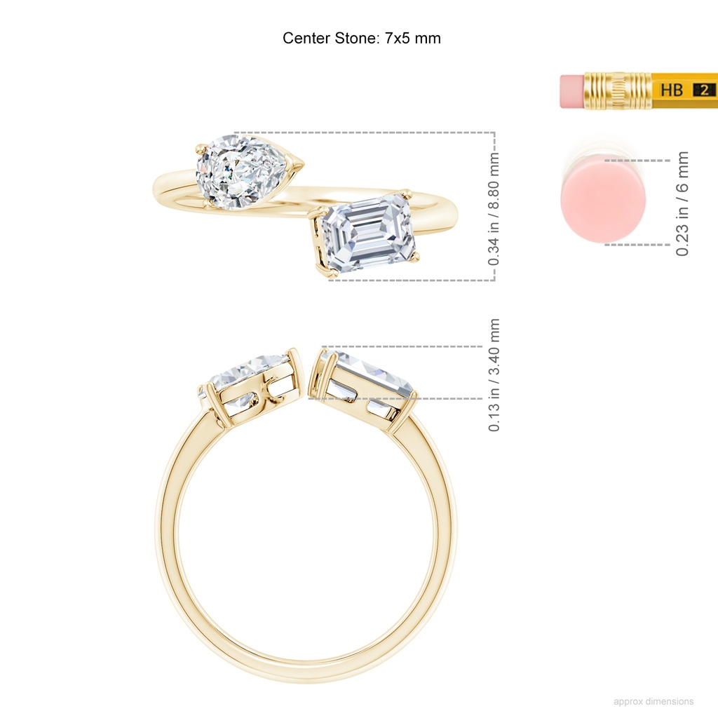 7x5mm FGVS Lab-Grown Pear & Emerald-Cut Diamond Two-Stone Open Ring in Yellow Gold ruler