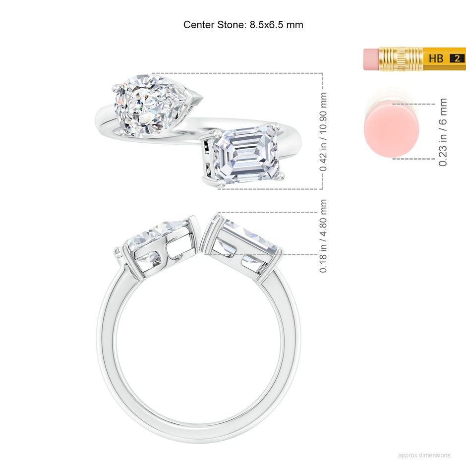 8.5x6.5mm FGVS Lab-Grown Pear & Emerald-Cut Diamond Two-Stone Open Ring in S999 Silver ruler