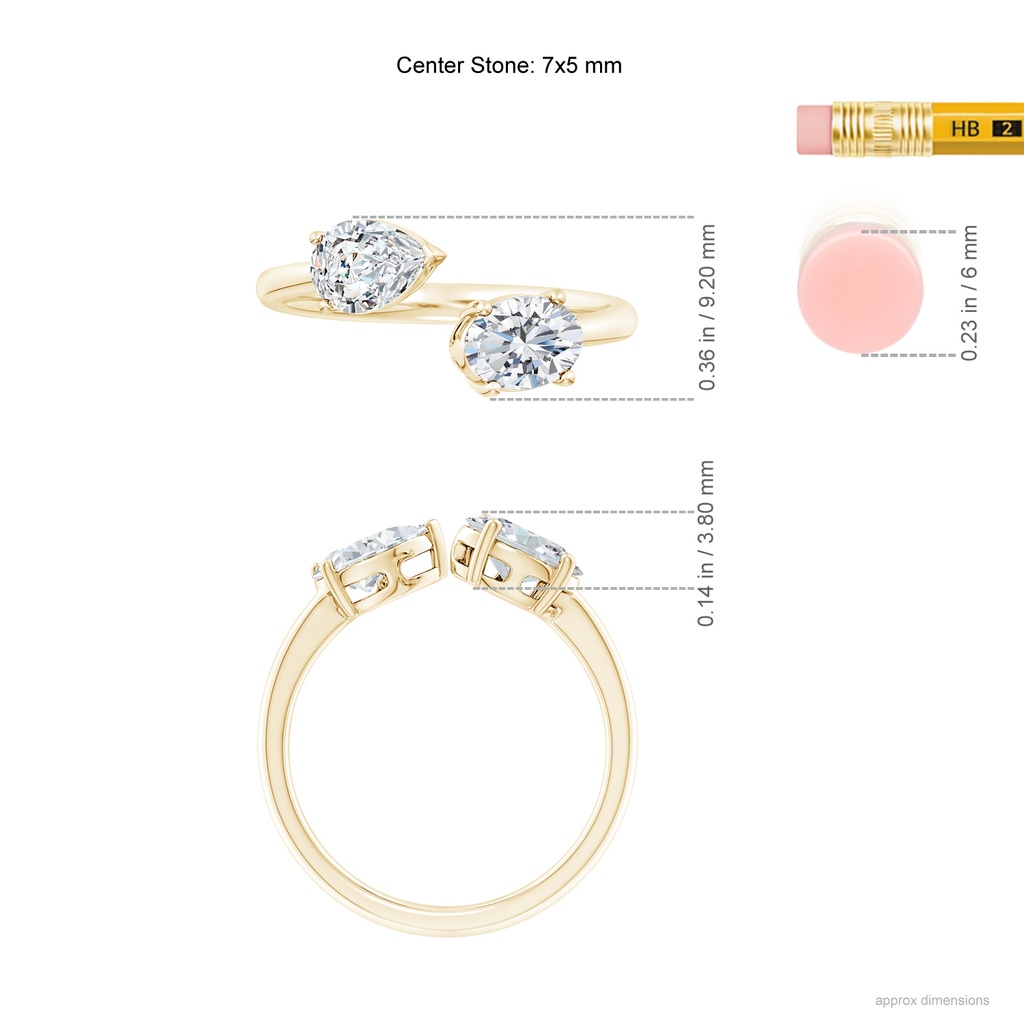 7x5mm FGVS Lab-Grown Oval & Pear Diamond Two-Stone Open Ring in Yellow Gold ruler