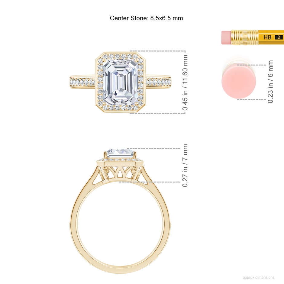 8.5x6.5mm FGVS Emerald-Cut Lab-Grown Diamond Halo Cocktail Ring in Yellow Gold ruler