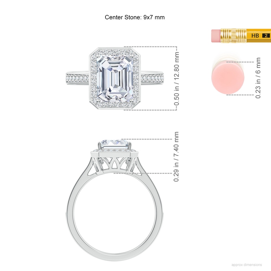 9x7mm FGVS Emerald-Cut Lab-Grown Diamond Halo Cocktail Ring in White Gold ruler