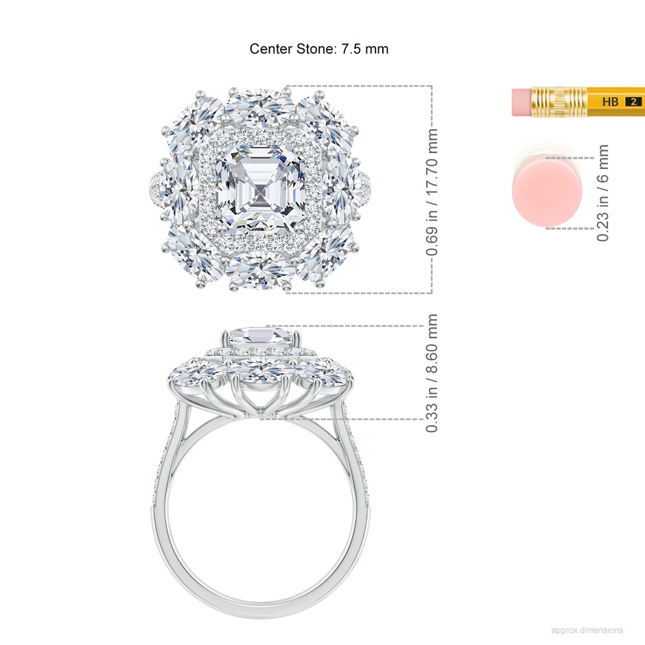 7.5mm FGVS Asscher-Cut Lab-Grown Diamond Split Shank Halo Cocktail Ring in White Gold ruler