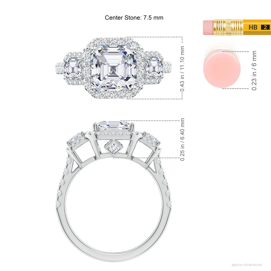 7.5mm FGVS Asscher-Cut Lab-Grown Diamond Three Stone Halo Cocktail Ring in White Gold ruler