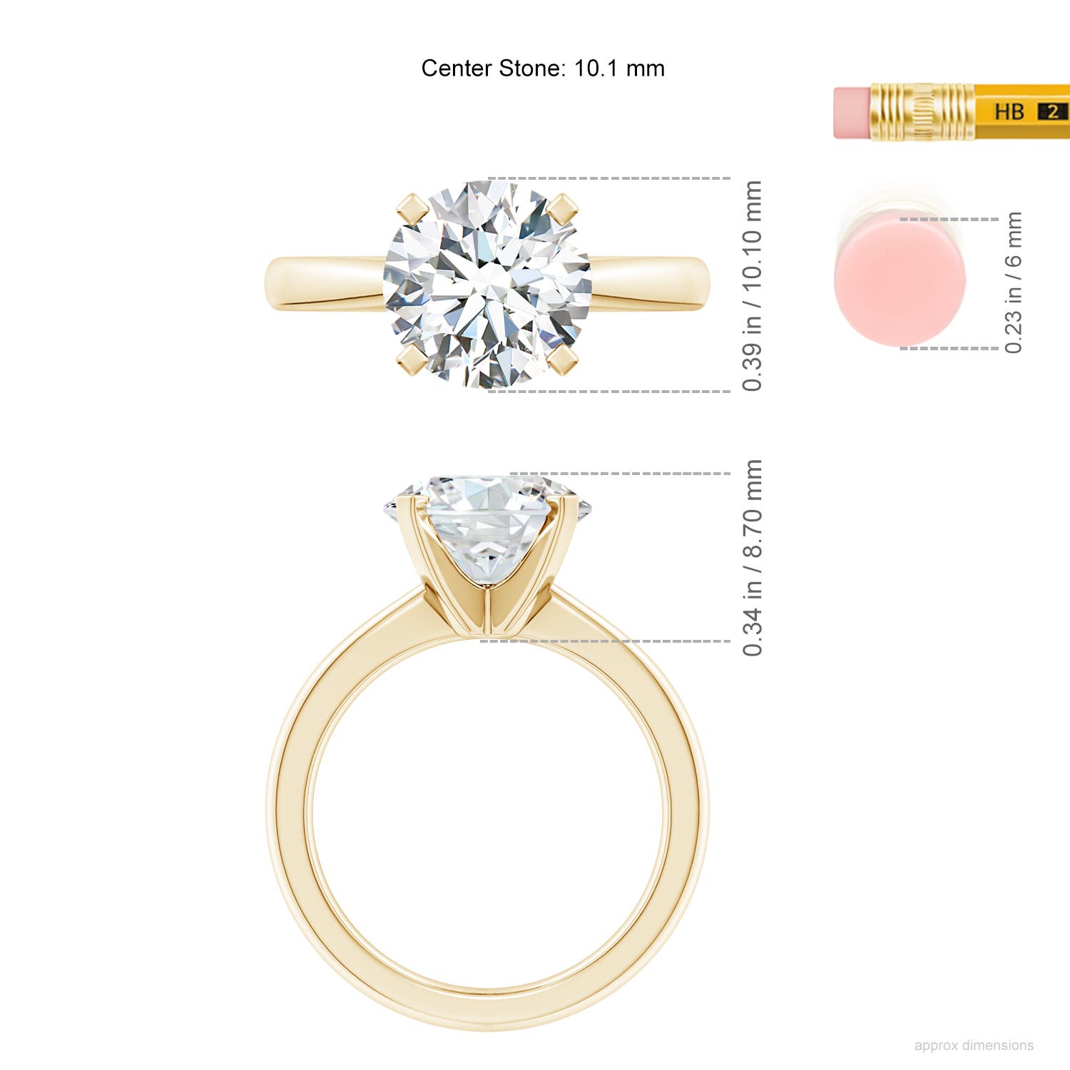 10.1mm FGVS Lab-Grown Round Diamond Reverse Tapered Shank Solitaire Engagement Ring in Yellow Gold - ruler