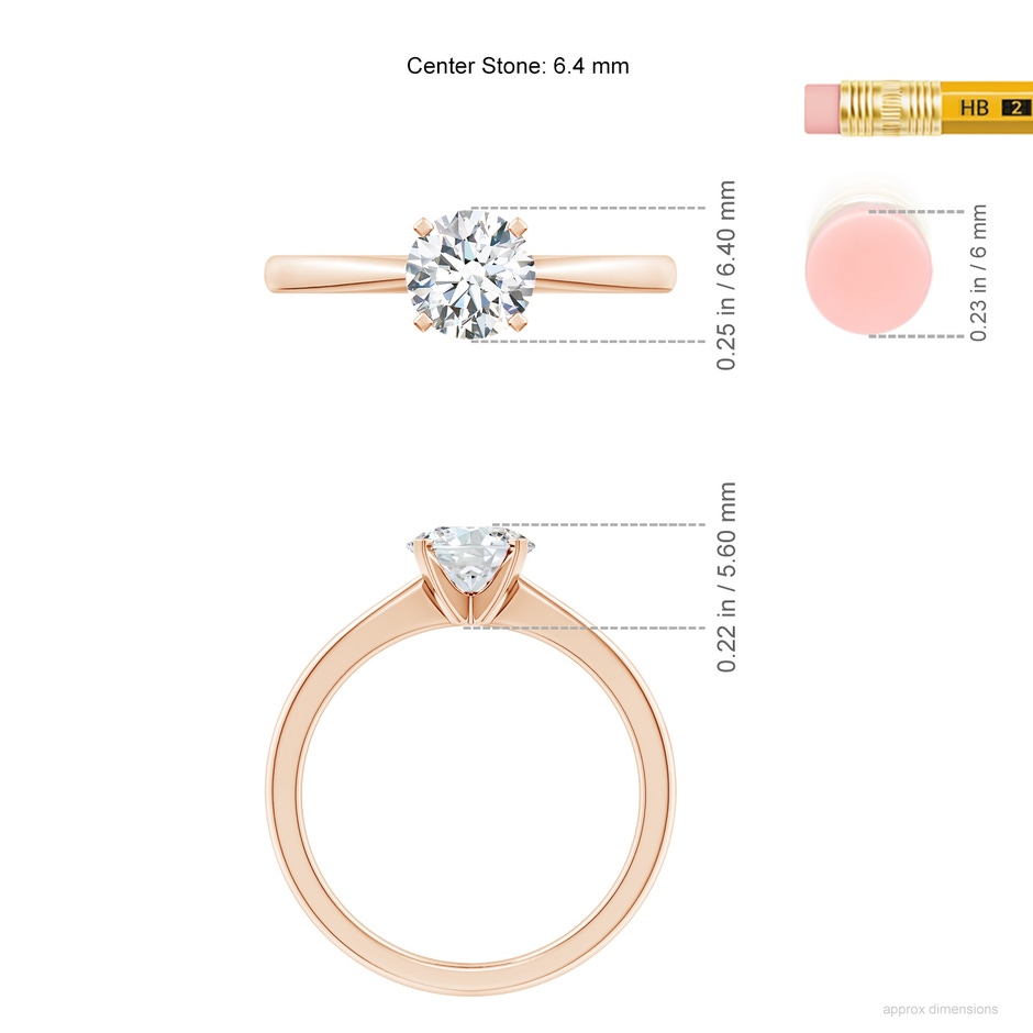 6.4mm FGVS Lab-Grown Round Diamond Reverse Tapered Shank Solitaire Engagement Ring in Rose Gold ruler