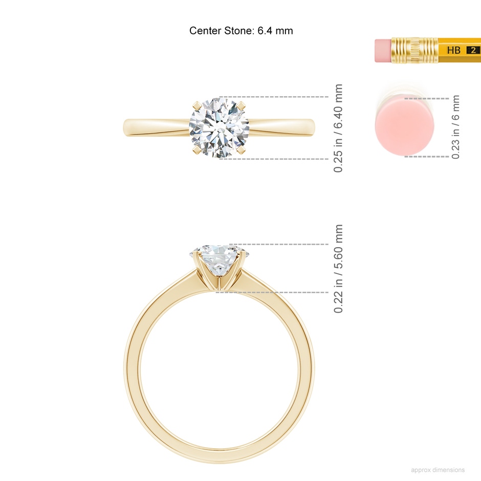 6.4mm FGVS Lab-Grown Round Diamond Reverse Tapered Shank Solitaire Engagement Ring in Yellow Gold ruler
