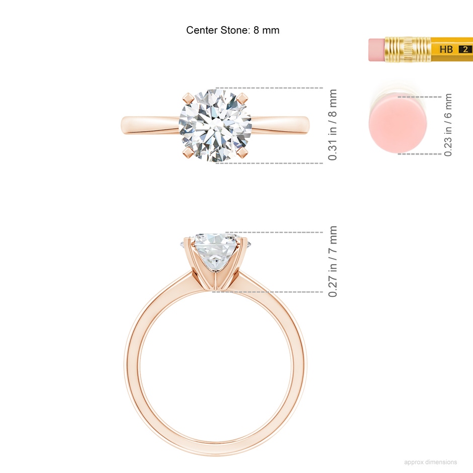 8mm FGVS Lab-Grown Round Diamond Reverse Tapered Shank Solitaire Engagement Ring in Rose Gold ruler