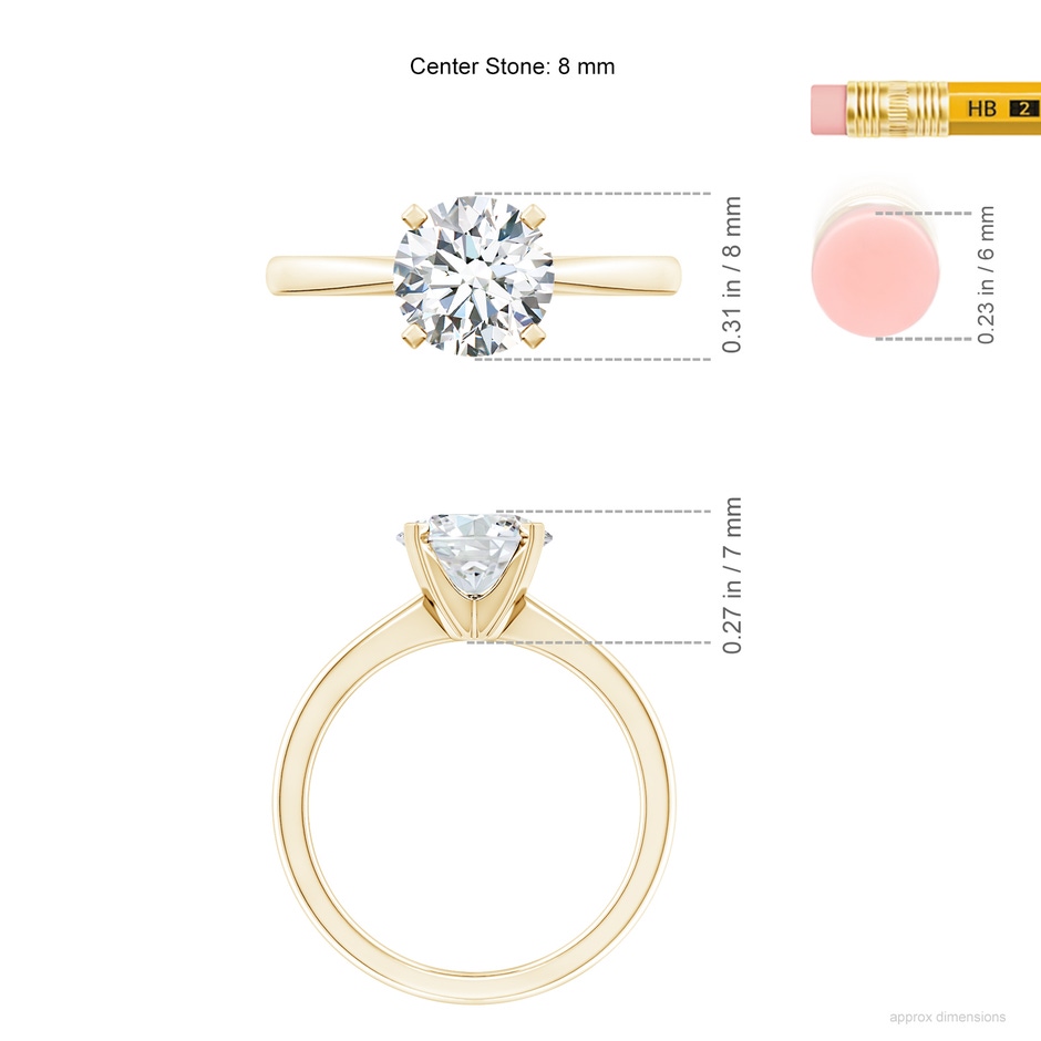 8mm FGVS Lab-Grown Round Diamond Reverse Tapered Shank Solitaire Engagement Ring in Yellow Gold ruler