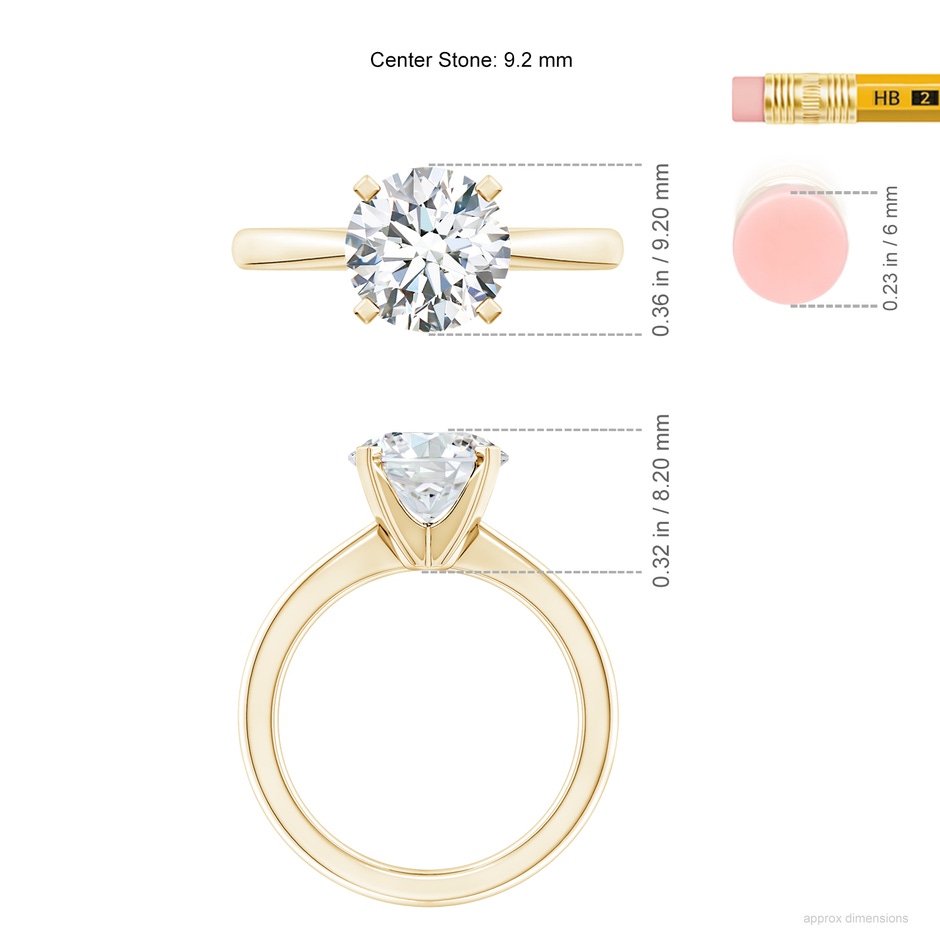 9.2mm FGVS Lab-Grown Round Diamond Reverse Tapered Shank Solitaire Engagement Ring in Yellow Gold ruler