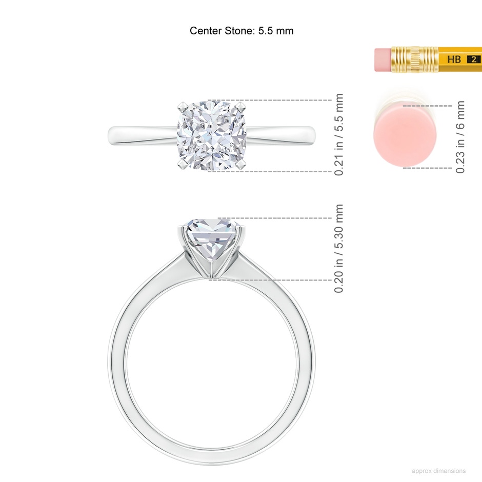 5.5mm FGVS Lab-Grown Cushion Diamond Reverse Tapered Shank Solitaire Engagement Ring in P950 Platinum ruler