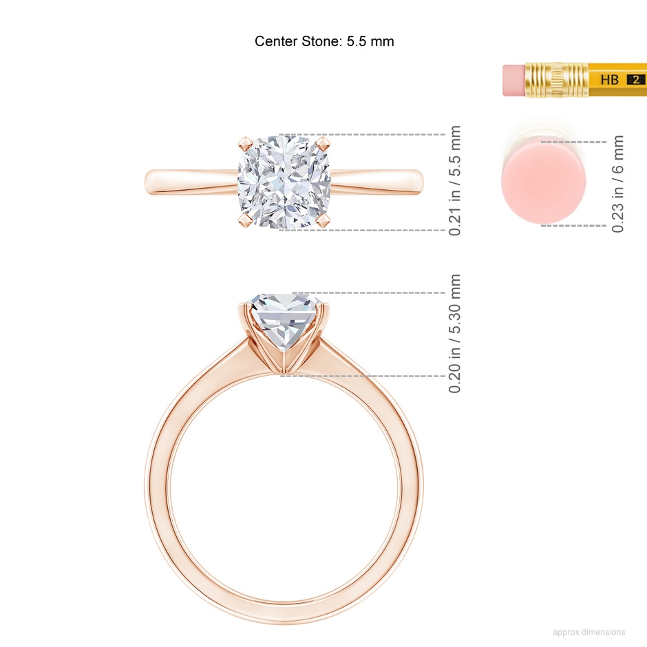 5.5mm FGVS Lab-Grown Cushion Diamond Reverse Tapered Shank Solitaire Engagement Ring in Rose Gold ruler