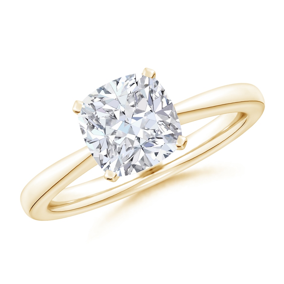 8mm FGVS Lab-Grown Cushion Diamond Reverse Tapered Shank Solitaire Engagement Ring in 18K Yellow Gold 