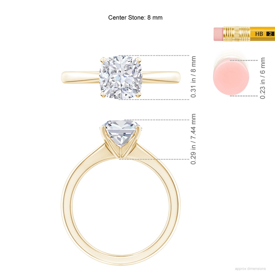 8mm FGVS Lab-Grown Cushion Diamond Reverse Tapered Shank Solitaire Engagement Ring in 18K Yellow Gold ruler