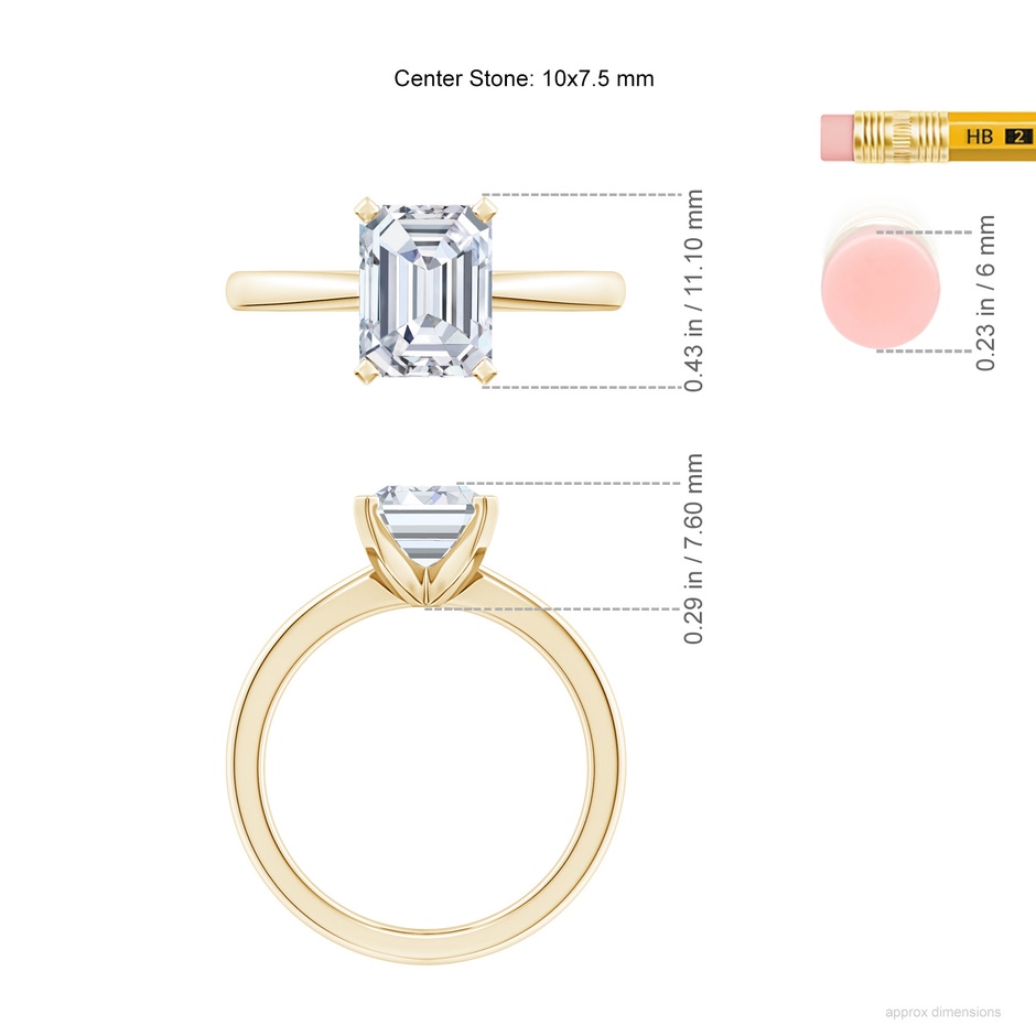 10x7.5mm FGVS Lab-Grown Emerald-Cut Diamond Reverse Tapered Shank Solitaire Engagement Ring in Yellow Gold ruler