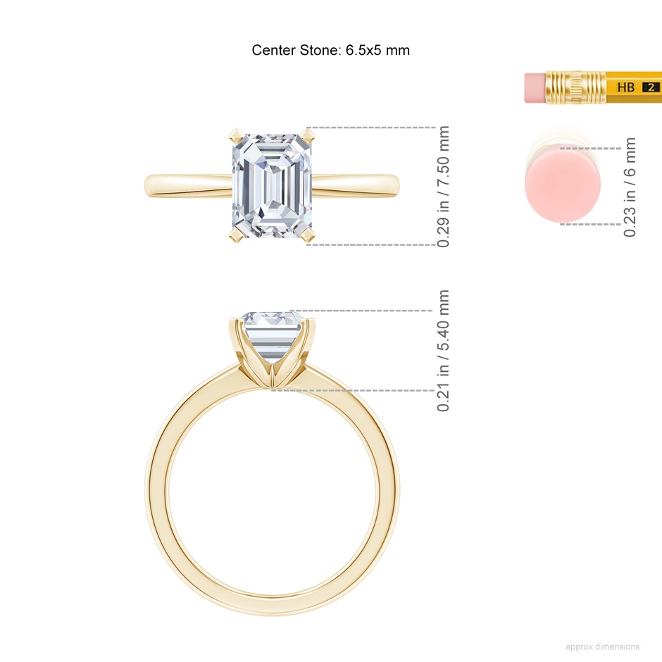 6.5x5mm FGVS Lab-Grown Emerald-Cut Diamond Reverse Tapered Shank Solitaire Engagement Ring in 18K Yellow Gold ruler