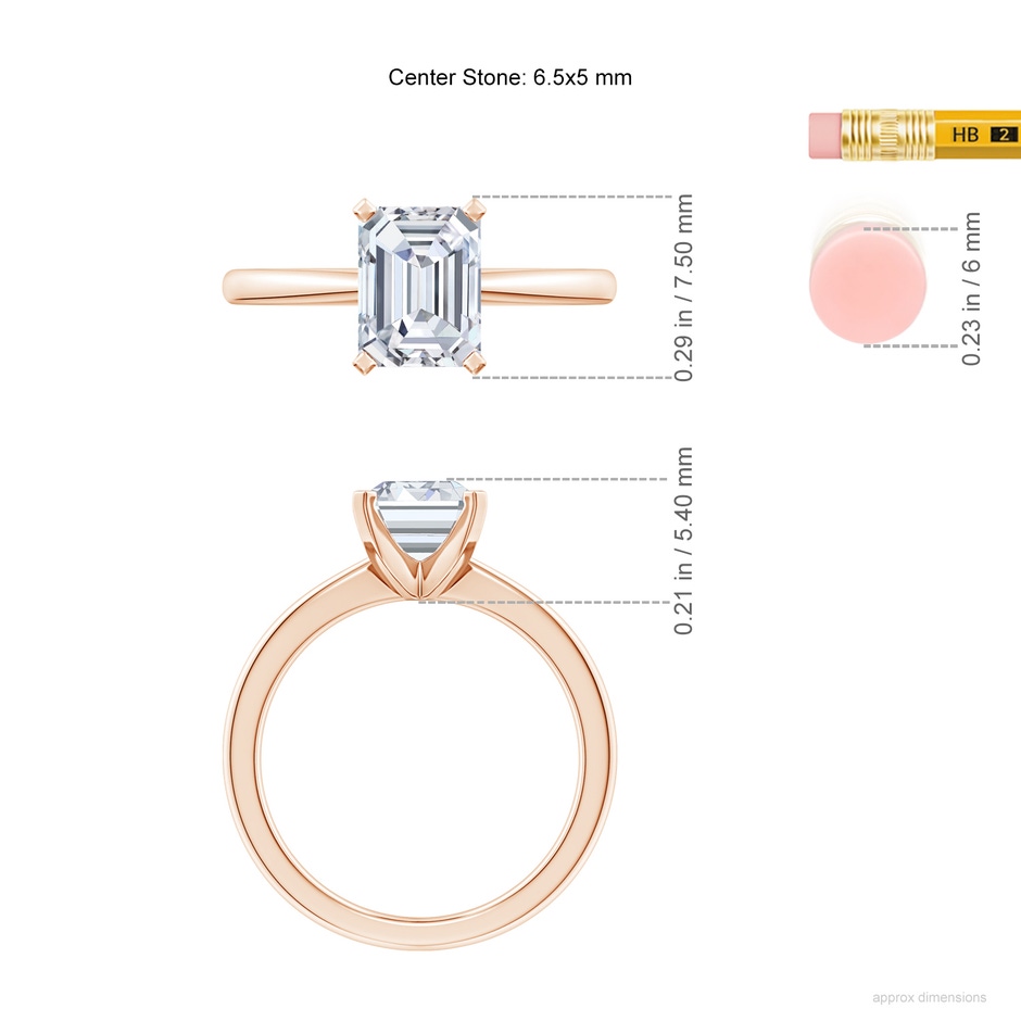 6.5x5mm FGVS Lab-Grown Emerald-Cut Diamond Reverse Tapered Shank Solitaire Engagement Ring in Rose Gold ruler