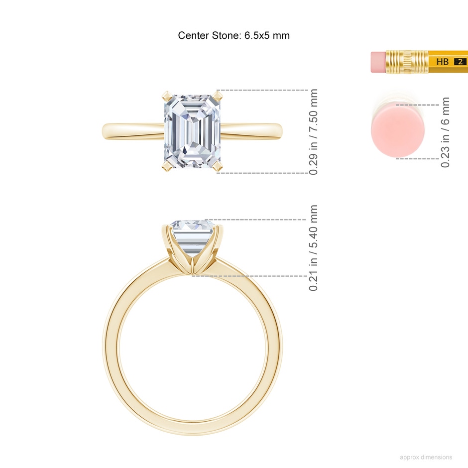 6.5x5mm FGVS Lab-Grown Emerald-Cut Diamond Reverse Tapered Shank Solitaire Engagement Ring in Yellow Gold ruler
