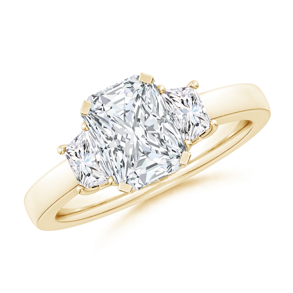 8x6mm FGVS Lab-Grown Radiant-Cut and Trapezoid Diamond Three Stone Engagement Ring in Yellow Gold 