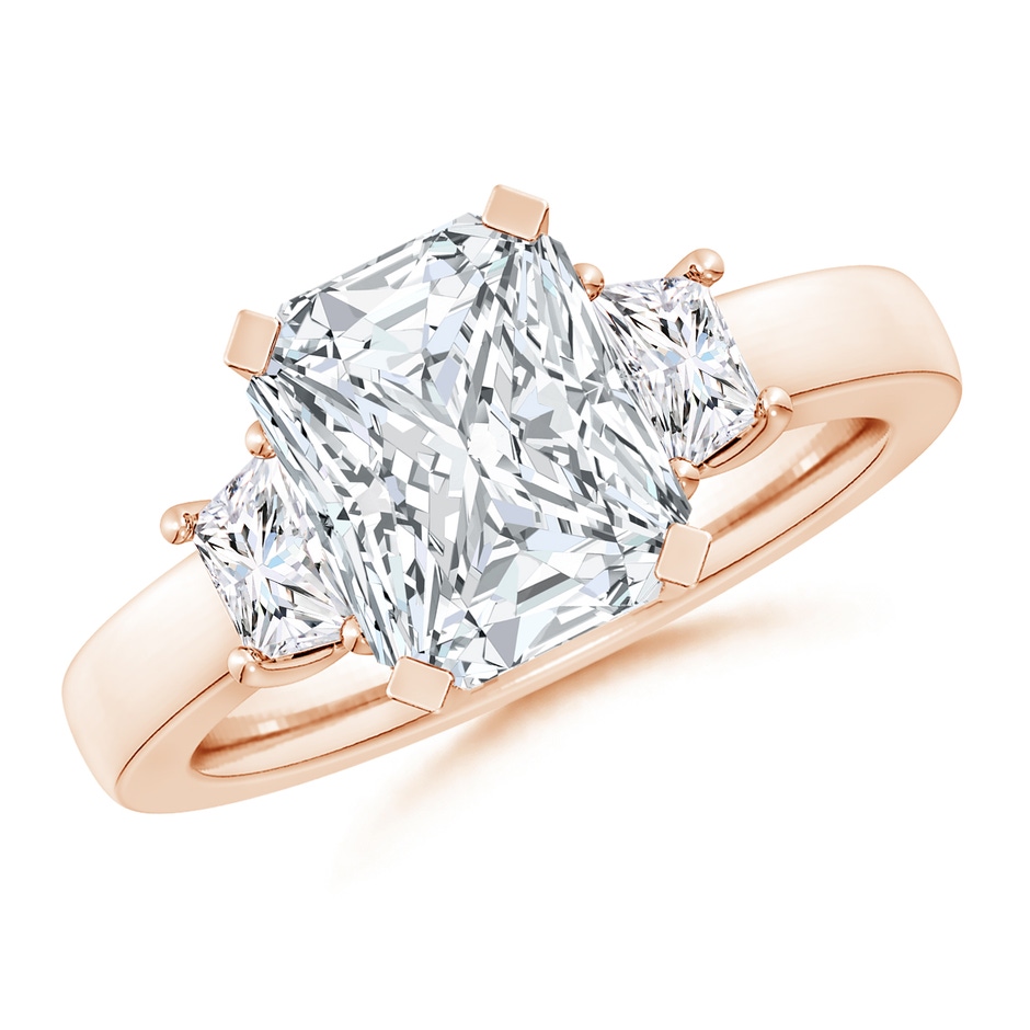 9.5x7.5mm FGVS Lab-Grown Radiant-Cut and Trapezoid Diamond Three Stone Engagement Ring in Rose Gold 