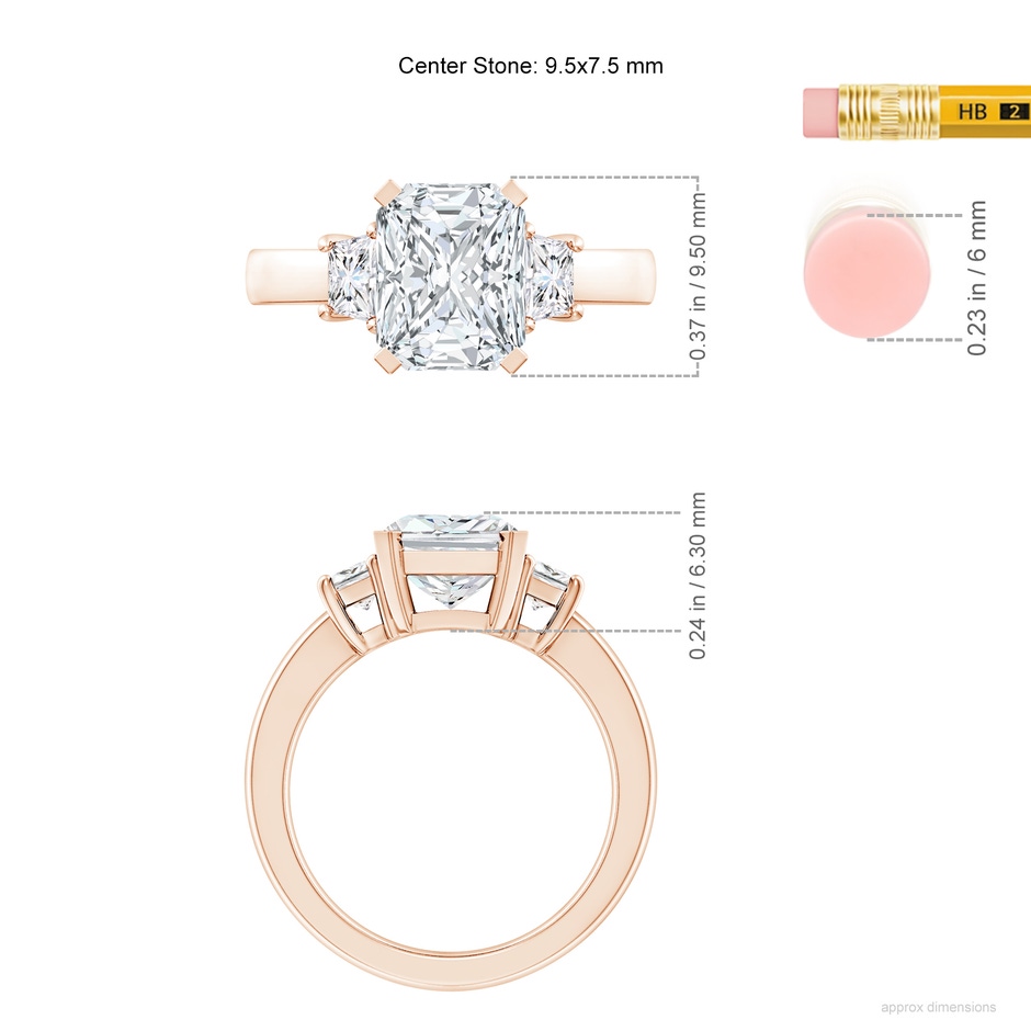 9.5x7.5mm FGVS Lab-Grown Radiant-Cut and Trapezoid Diamond Three Stone Engagement Ring in Rose Gold ruler