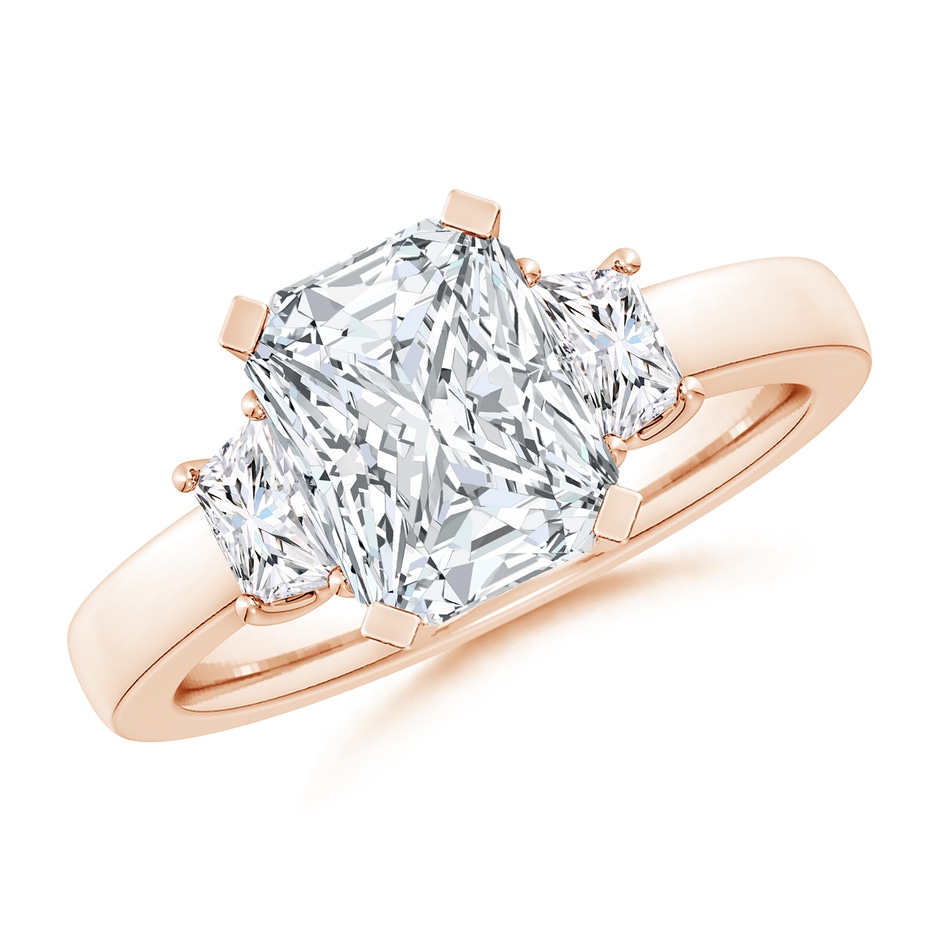 9x7mm FGVS Lab-Grown Radiant-Cut and Trapezoid Diamond Three Stone Engagement Ring in 18K Rose Gold 