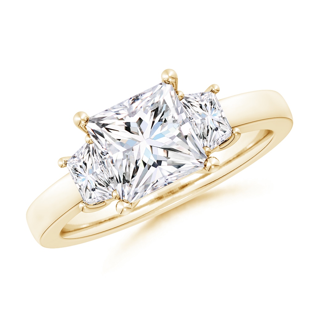 7mm FGVS Lab-Grown Princess-Cut and Trapezoid Diamond Three Stone Engagement Ring in Yellow Gold 