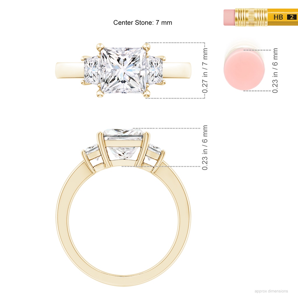 7mm FGVS Lab-Grown Princess-Cut and Trapezoid Diamond Three Stone Engagement Ring in Yellow Gold ruler