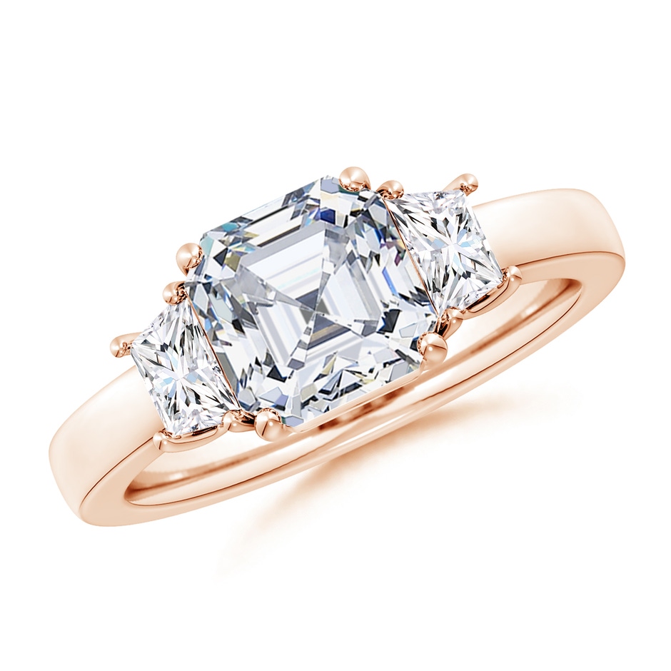 7.5mm FGVS Lab-Grown Asscher-Cut and Trapezoid Diamond Three Stone Engagement Ring in Rose Gold 