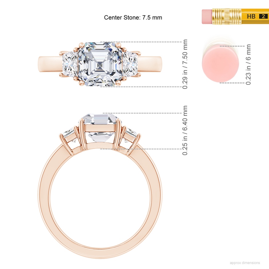 7.5mm FGVS Lab-Grown Asscher-Cut and Trapezoid Diamond Three Stone Engagement Ring in Rose Gold ruler