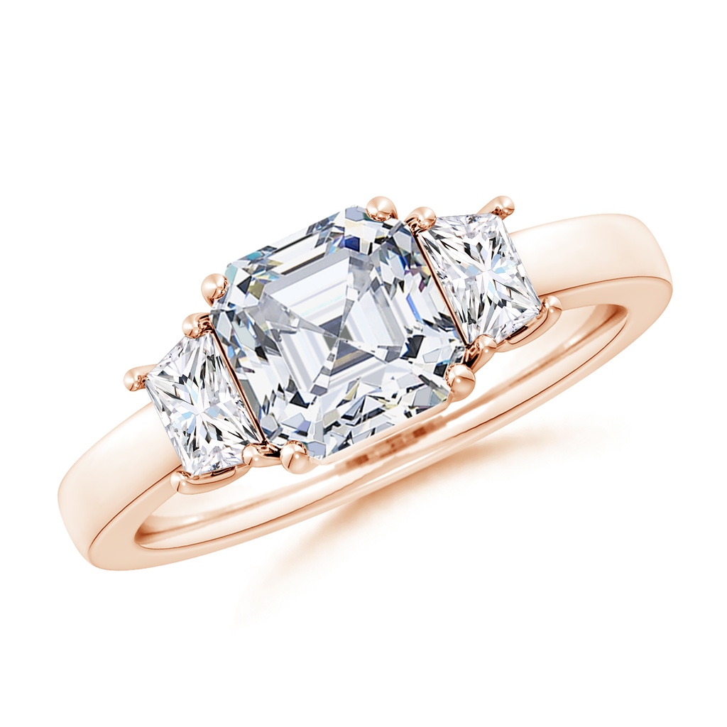 7mm FGVS Lab-Grown Asscher-Cut and Trapezoid Diamond Three Stone Engagement Ring in Rose Gold