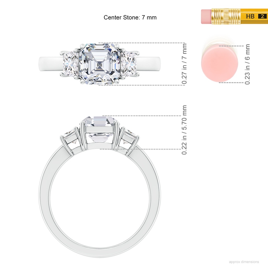 7mm FGVS Lab-Grown Asscher-Cut and Trapezoid Diamond Three Stone Engagement Ring in White Gold ruler