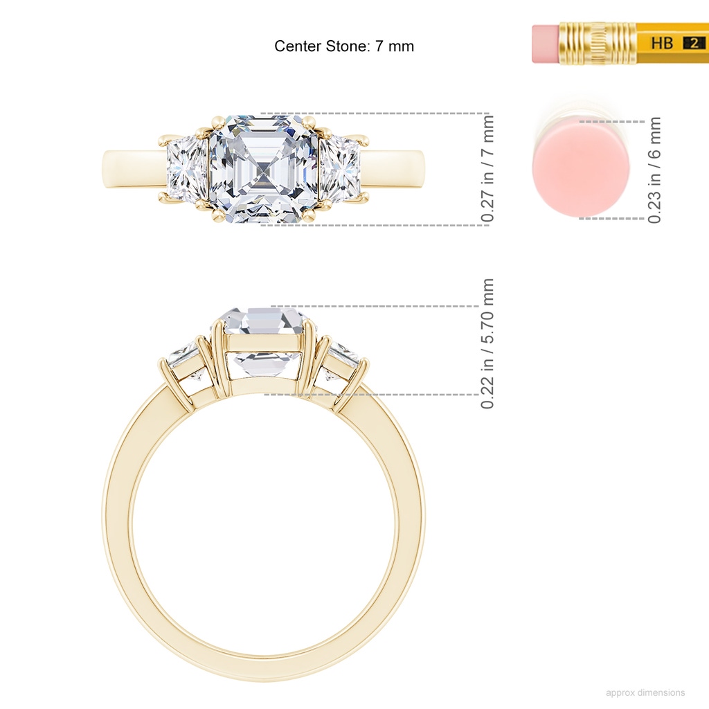 7mm FGVS Lab-Grown Asscher-Cut and Trapezoid Diamond Three Stone Engagement Ring in Yellow Gold ruler
