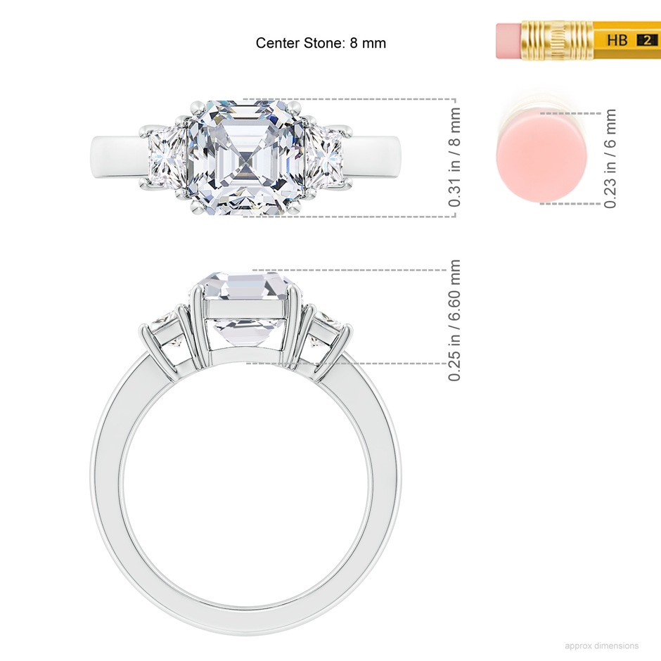 8mm FGVS Lab-Grown Asscher-Cut and Trapezoid Diamond Three Stone Engagement Ring in P950 Platinum ruler