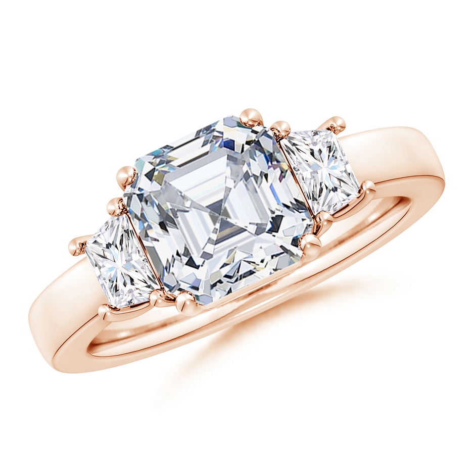 8mm FGVS Lab-Grown Asscher-Cut and Trapezoid Diamond Three Stone Engagement Ring in Rose Gold 