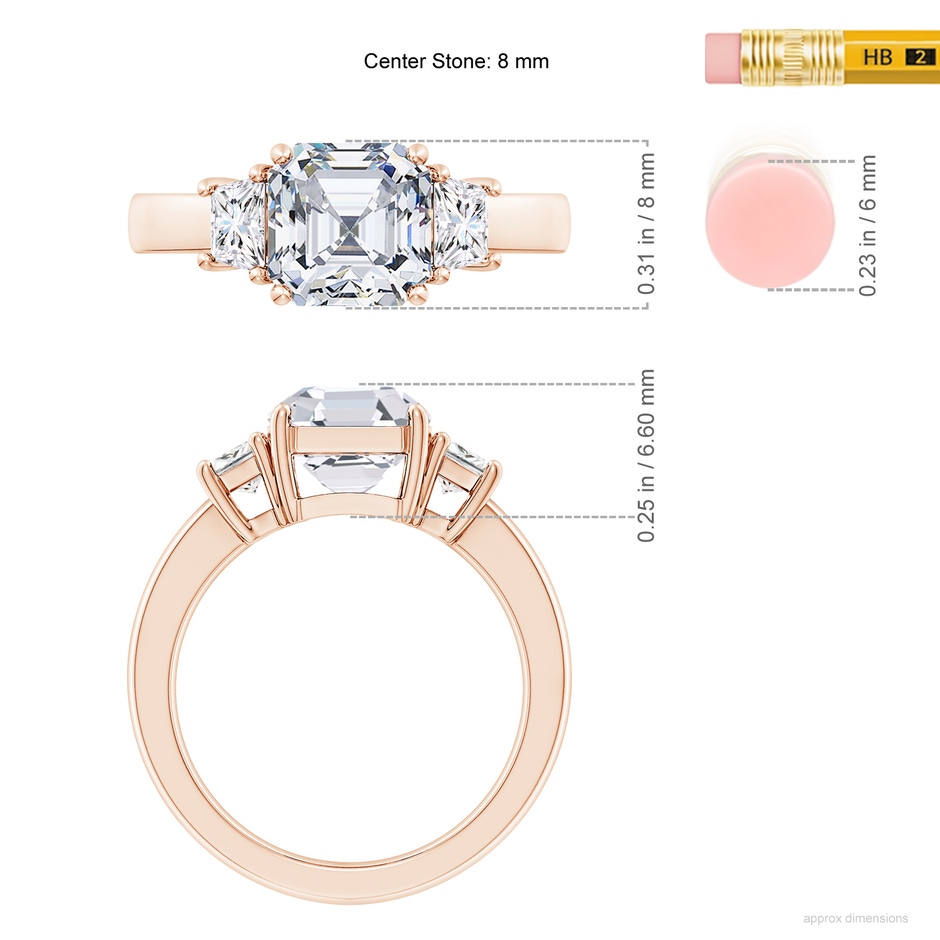 8mm FGVS Lab-Grown Asscher-Cut and Trapezoid Diamond Three Stone Engagement Ring in Rose Gold ruler
