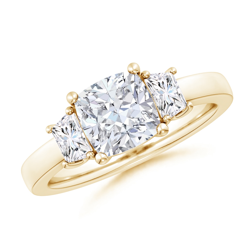 7mm FGVS Lab-Grown Cushion and Trapezoid Diamond Three Stone Engagement Ring in Yellow Gold