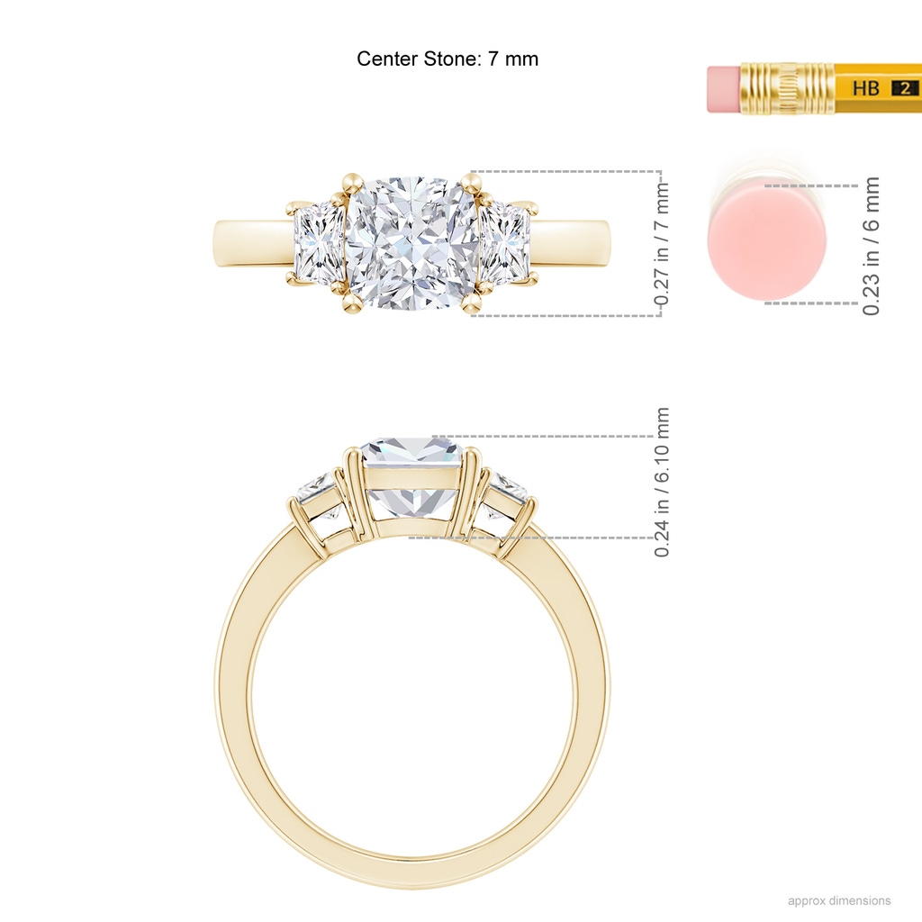 7mm FGVS Lab-Grown Cushion and Trapezoid Diamond Three Stone Engagement Ring in Yellow Gold ruler