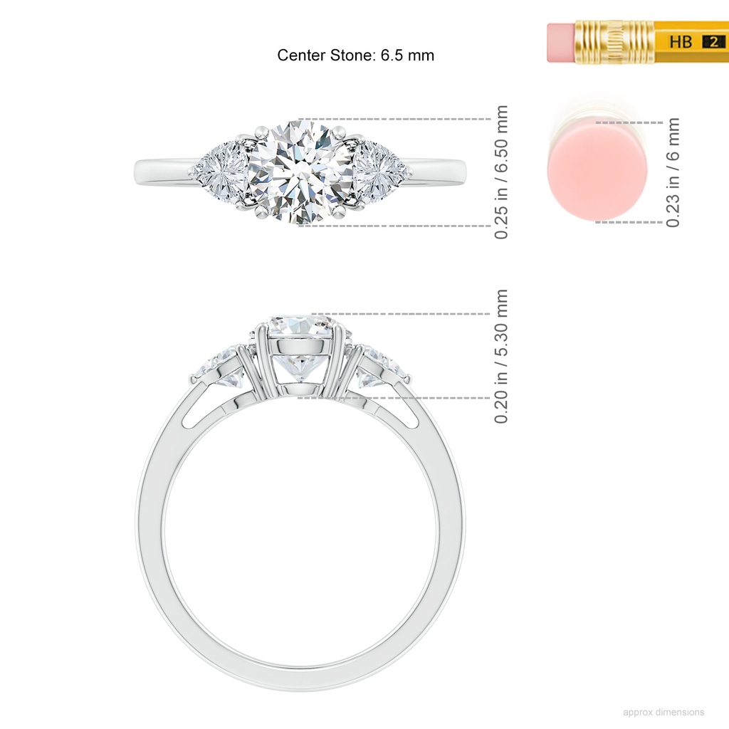 6.5mm FGVS Lab-Grown Round and Trillion Diamond Three Stone Reverse Tapered Shank Engagement Ring in White Gold ruler