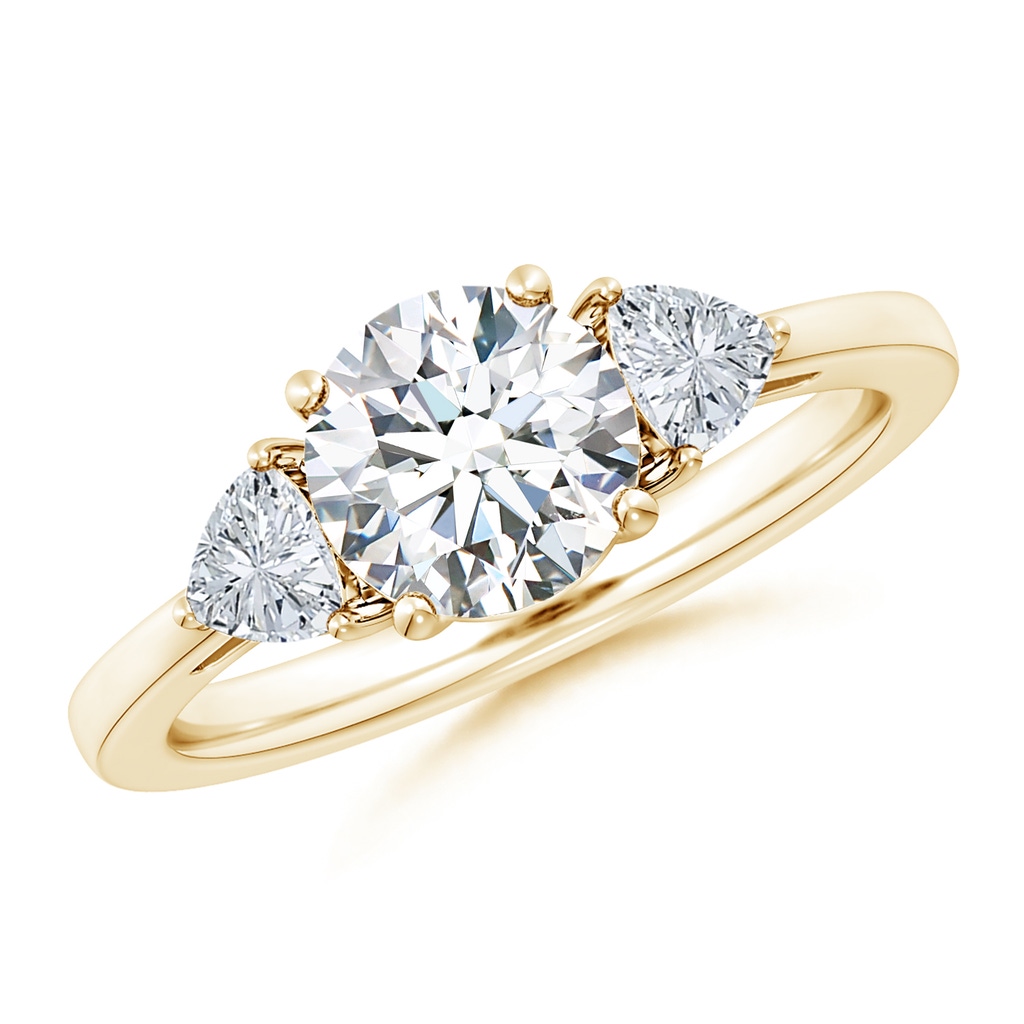 7.4mm FGVS Lab-Grown Round and Trillion Diamond Three Stone Reverse Tapered Shank Engagement Ring in Yellow Gold