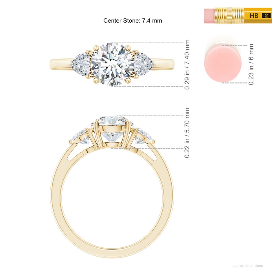 7.4mm FGVS Lab-Grown Round and Trillion Diamond Three Stone Reverse Tapered Shank Engagement Ring in Yellow Gold ruler