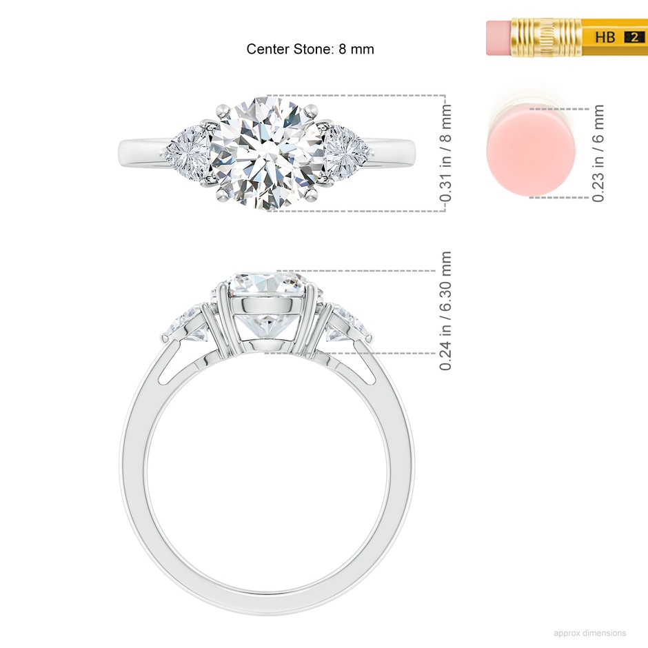 8mm FGVS Lab-Grown Round and Trillion Diamond Three Stone Reverse Tapered Shank Engagement Ring in White Gold ruler