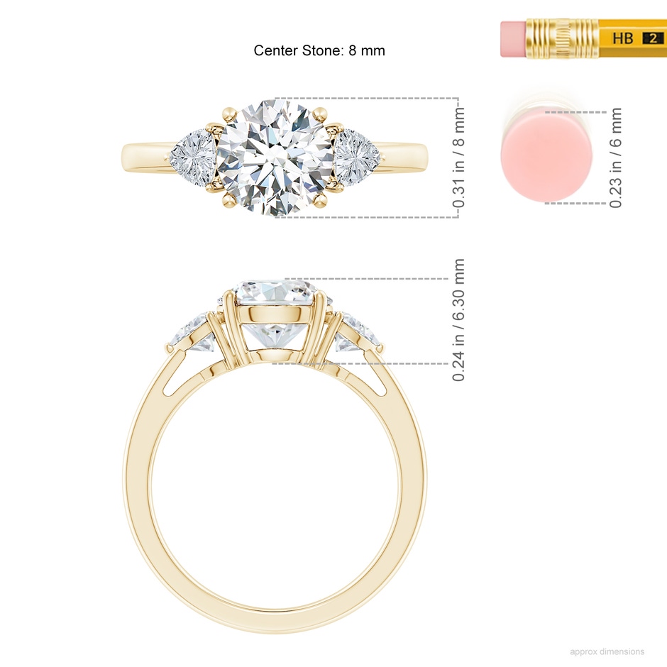 8mm FGVS Lab-Grown Round and Trillion Diamond Three Stone Reverse Tapered Shank Engagement Ring in Yellow Gold ruler
