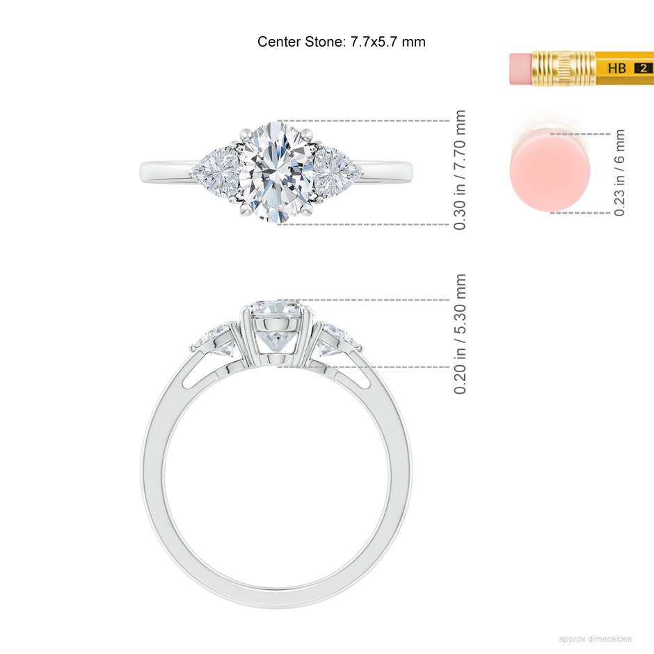 7.7x5.7mm FGVS Lab-Grown Oval and Trillion Diamond Three Stone Reverse Tapered Shank Engagement Ring in 18K White Gold ruler