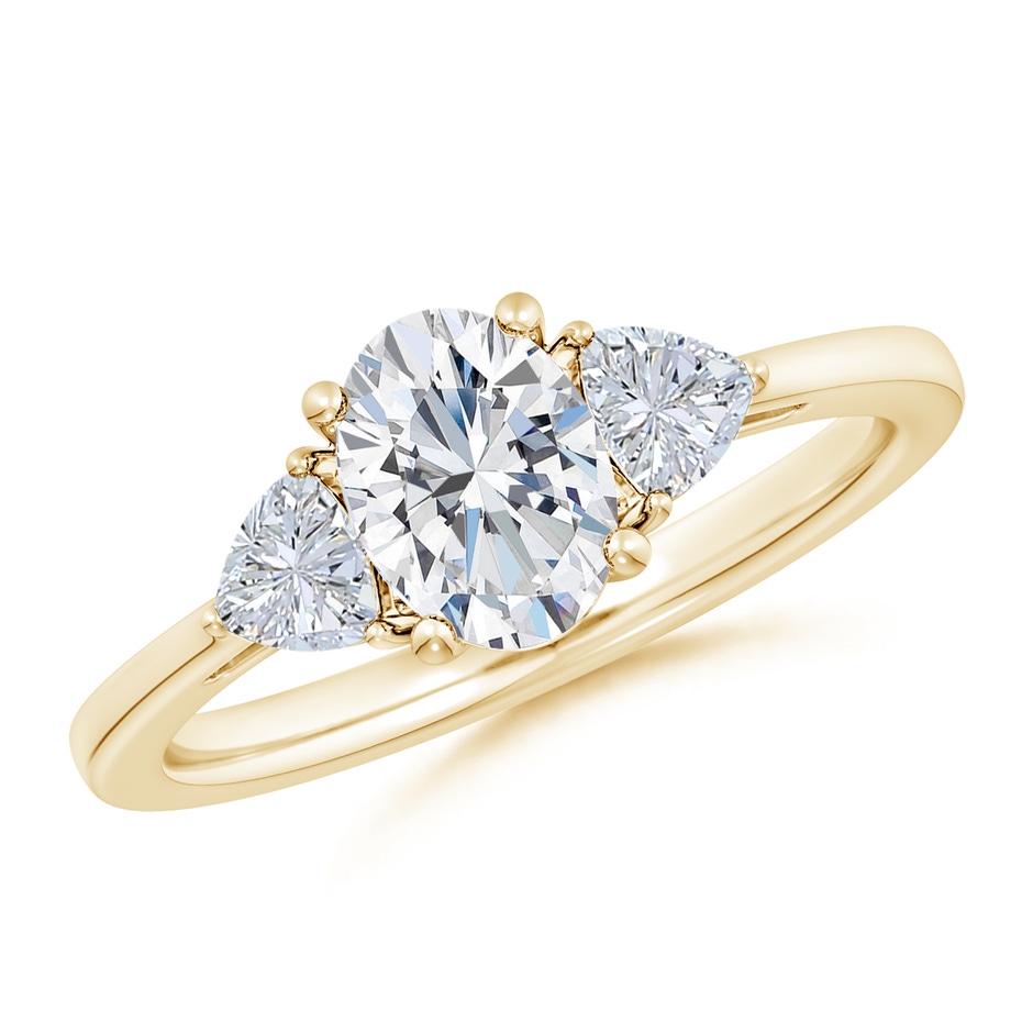 7.7x5.7mm FGVS Lab-Grown Oval and Trillion Diamond Three Stone Reverse Tapered Shank Engagement Ring in Yellow Gold 
