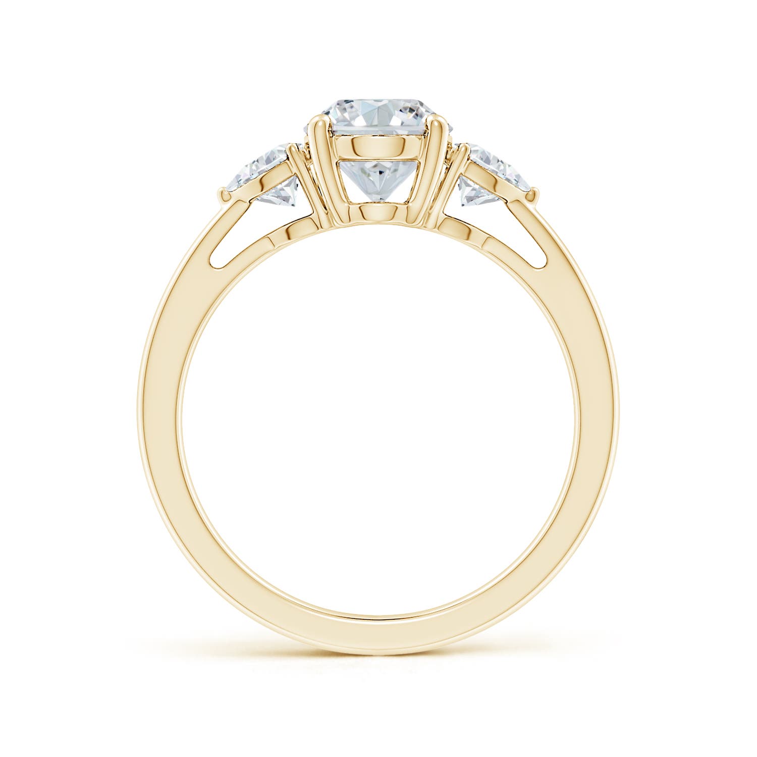 8.5x6.5mm FGVS Lab-Grown Oval and Trillion Diamond Three Stone Reverse Tapered Shank Engagement Ring in 18K Yellow Gold