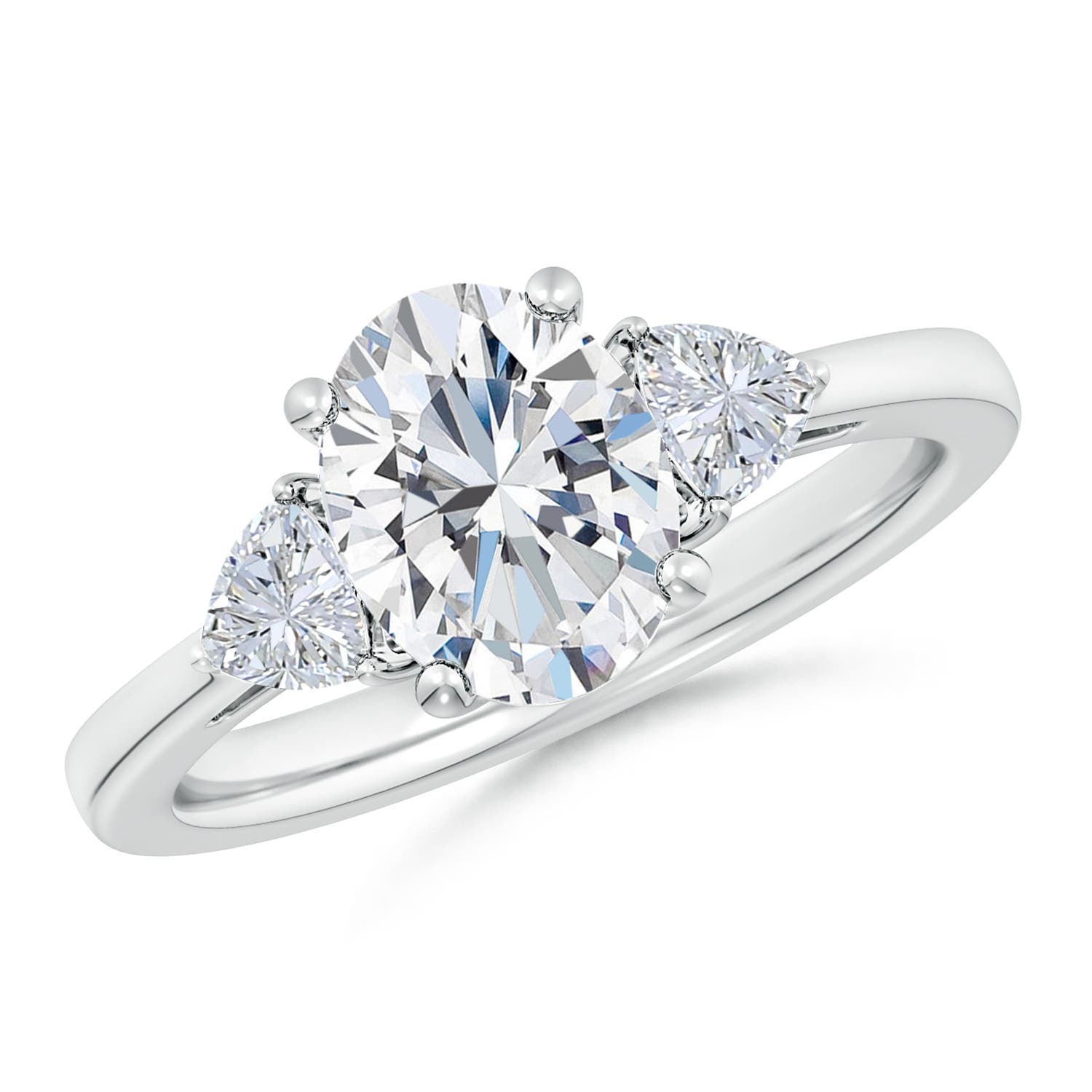 9x7mm FGVS Lab-Grown Oval and Trillion Diamond Three Stone Reverse Tapered Shank Engagement Ring in 18K White Gold